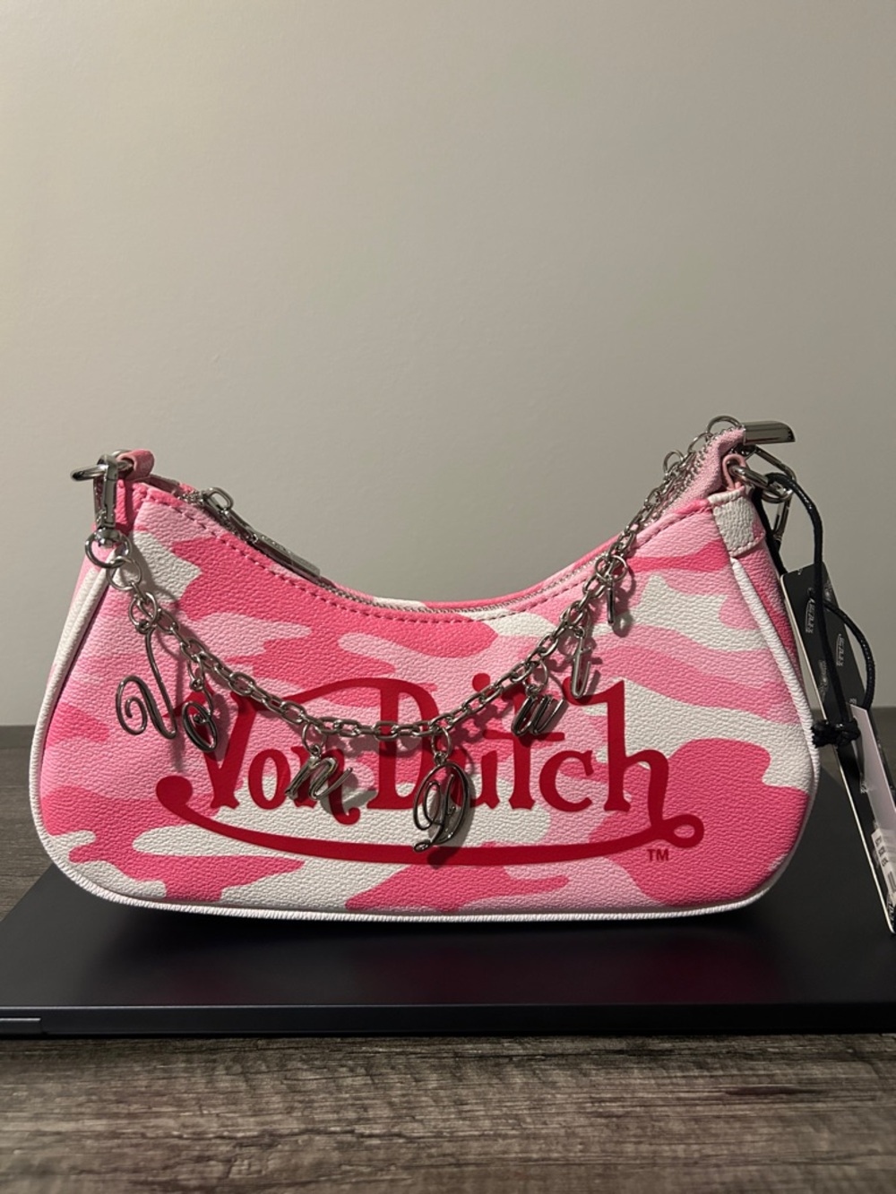 Von Dutch Pink Camouflage Jax Shoulder Bag with Silver Chain Accent